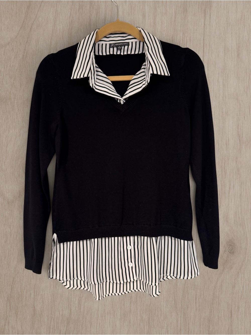 Adrianna Papell Black V-Neck Layered Sweater with Black-and-White Striped Shirt